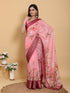 Pink Floral Linen Cotton Saree with Jacquard Border for Women