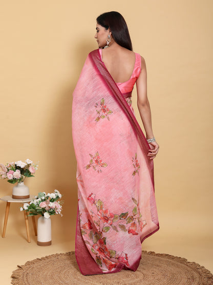 Pink Floral Linen Cotton Saree with Jacquard Border for Women