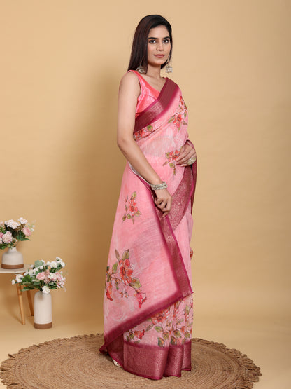 Pink Floral Linen Cotton Saree with Jacquard Border for Women