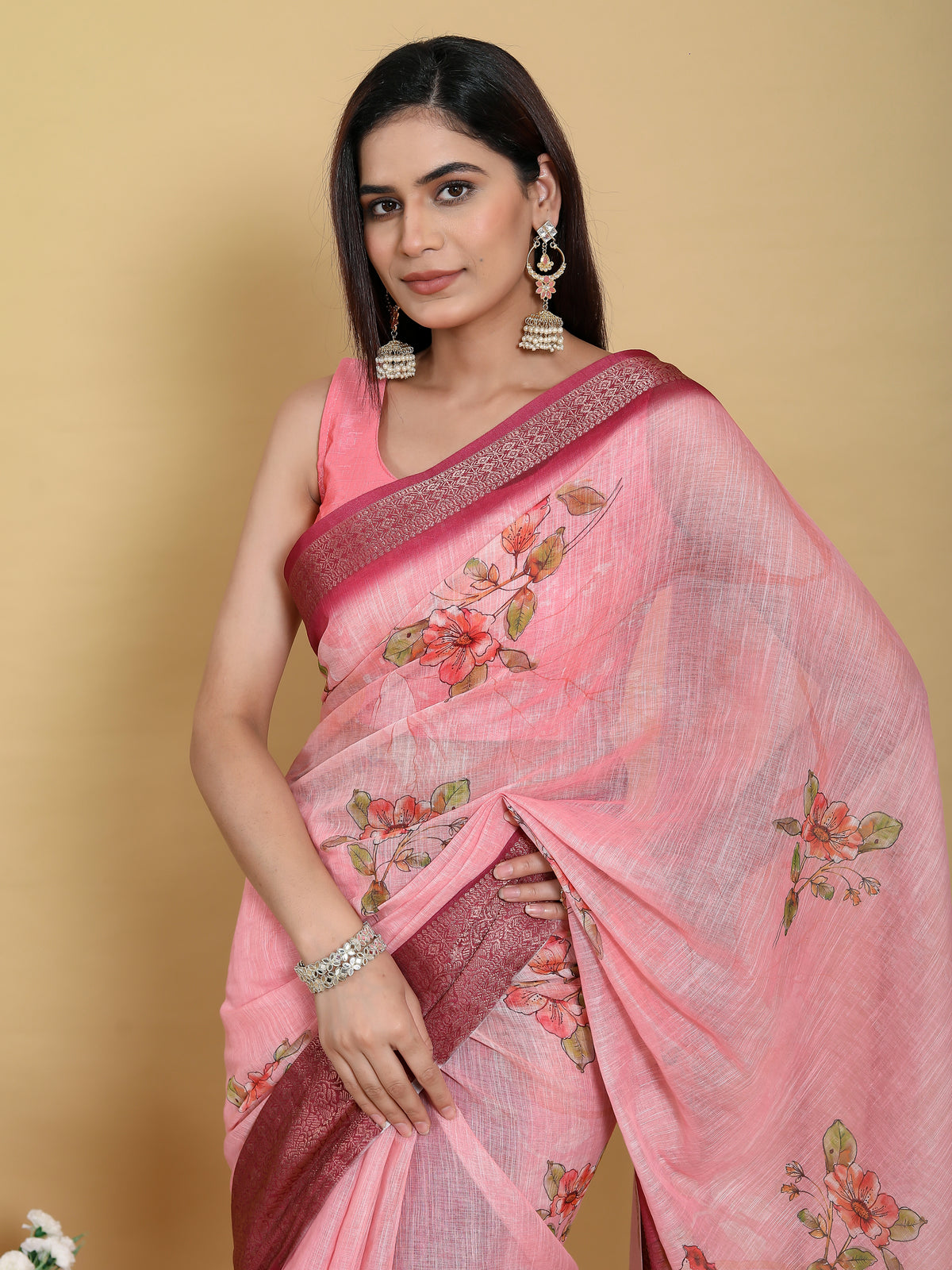 Pink Floral Linen Cotton Saree with Jacquard Border for Women