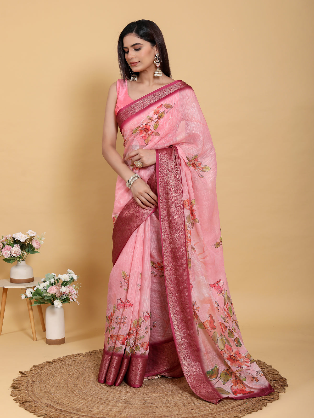 Pink Floral Linen Cotton Saree with Jacquard Border for Women