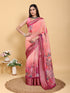 Peach Printed Linen Cotton Saree with Jacquard Border for Women