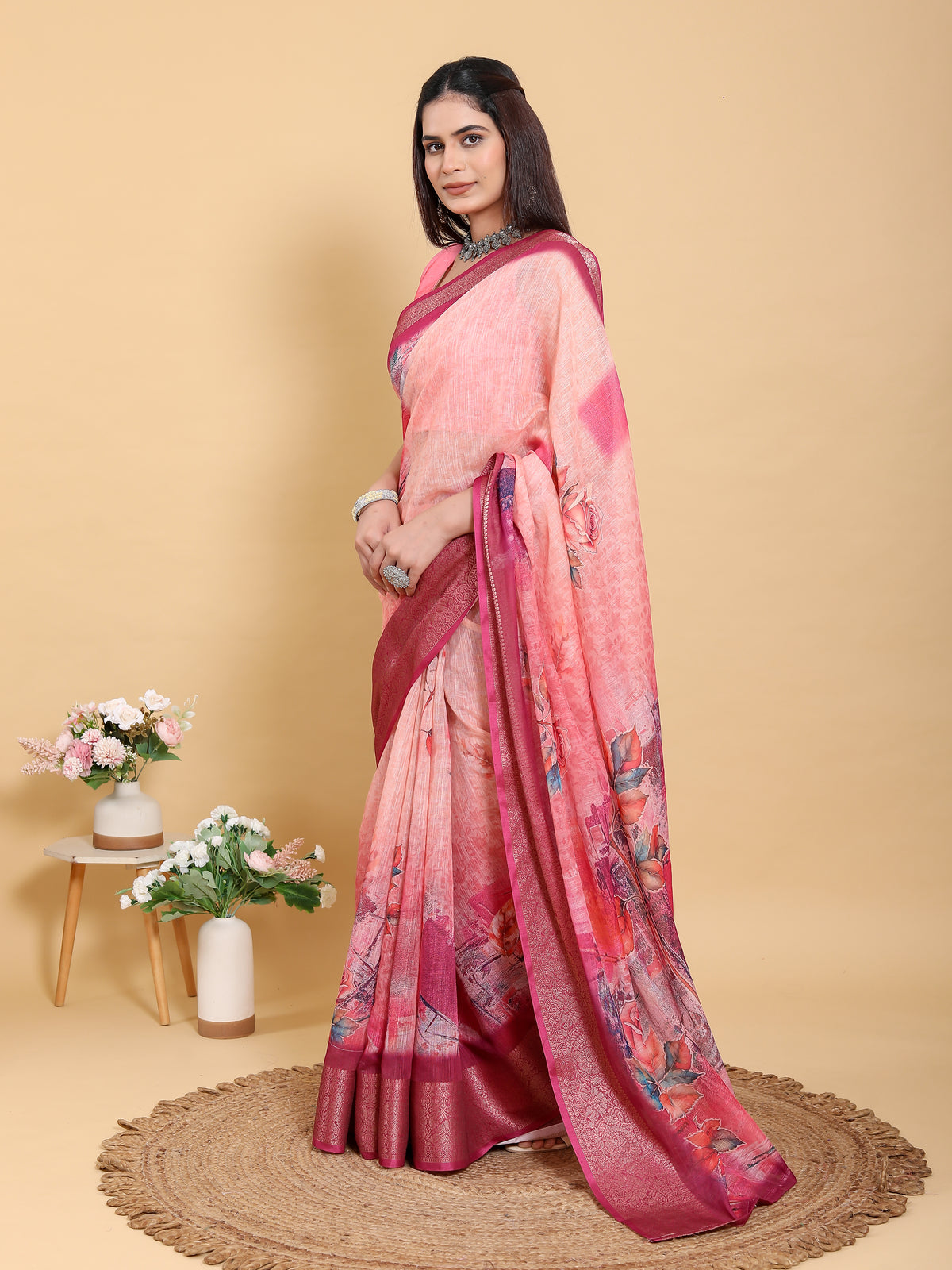 Peach Printed Linen Cotton Saree with Jacquard Border for Women
