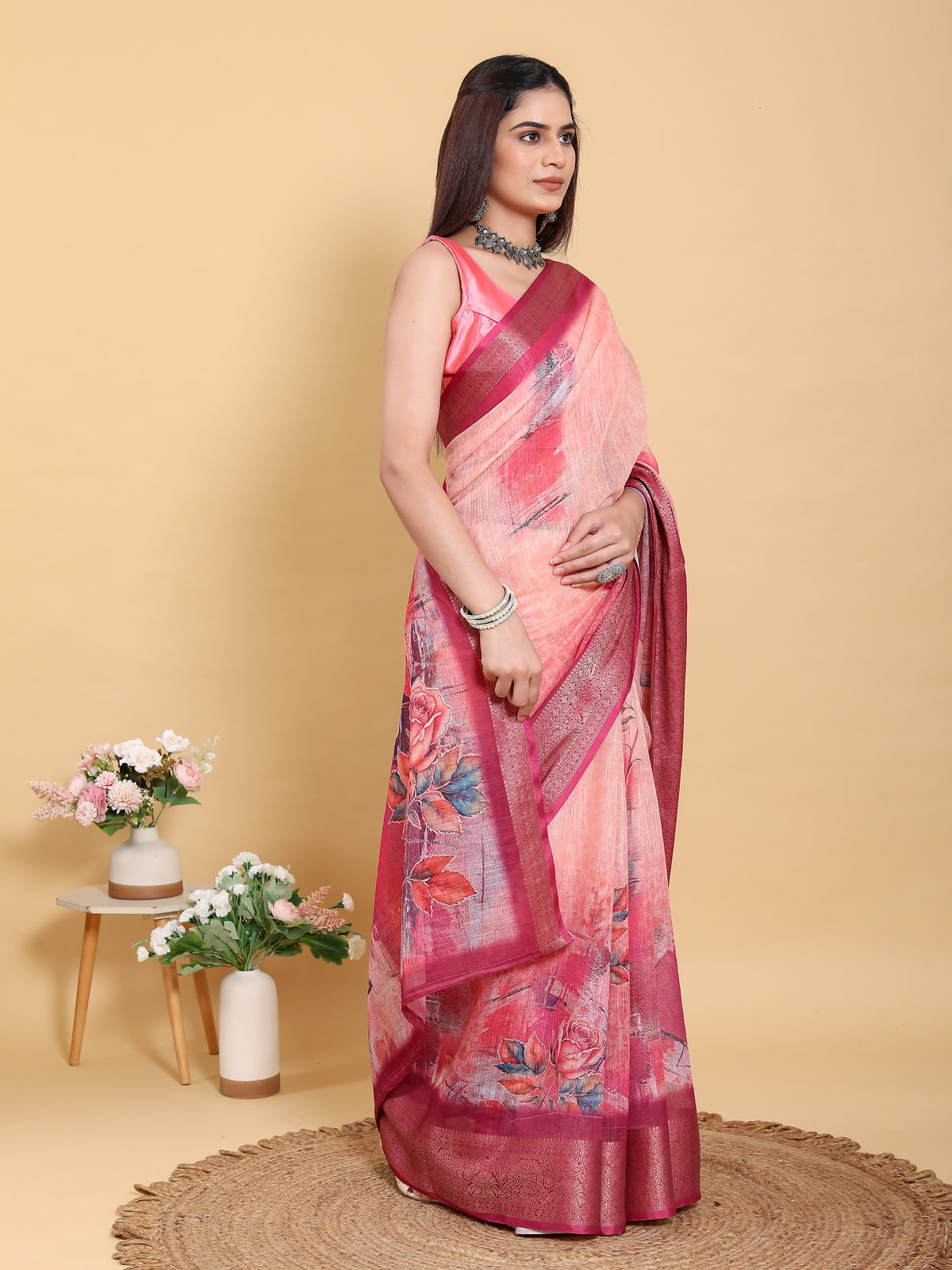 Peach Printed Linen Cotton Saree with Jacquard Border for Women