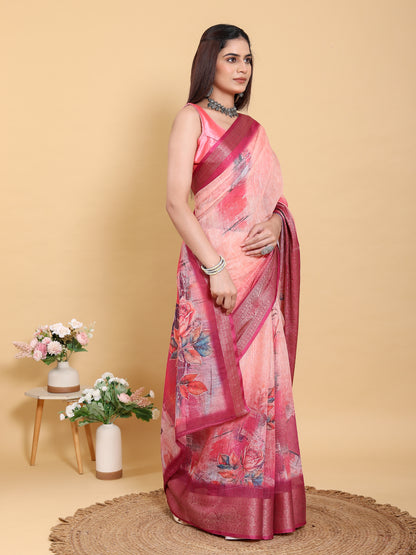 Peach Printed Linen Cotton Saree with Jacquard Border for Women