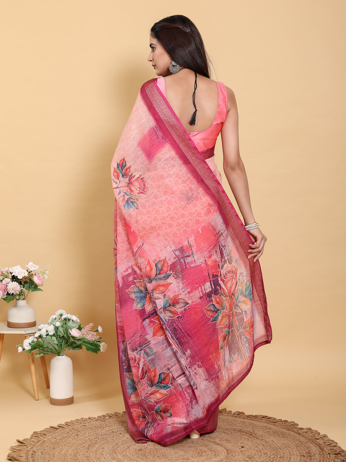Peach Printed Linen Cotton Saree with Jacquard Border for Women