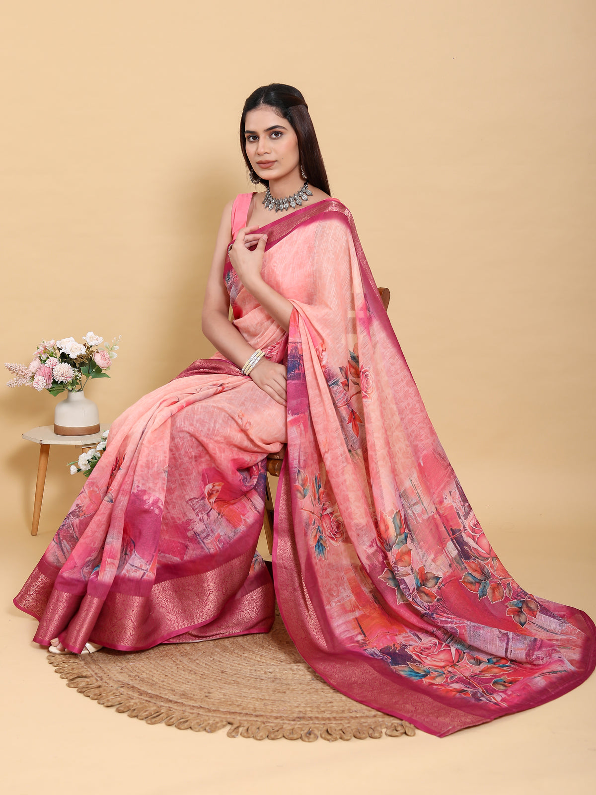 Peach Printed Linen Cotton Saree with Jacquard Border for Women