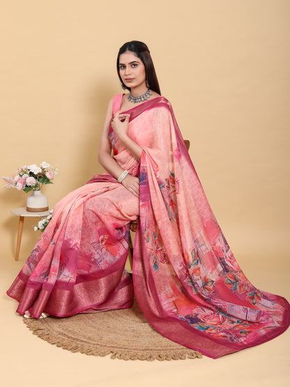 Peach Printed Linen Cotton Saree with Jacquard Border for Women