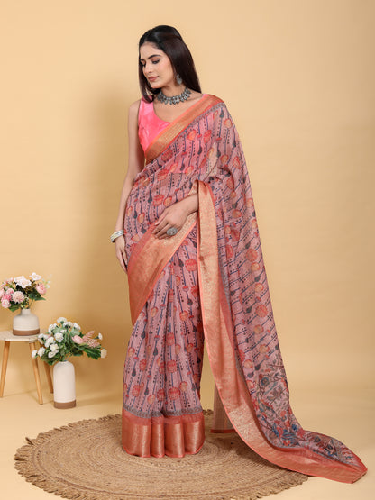 Dusty Rose Floral Linen Cotton Saree with Woven Border for Women