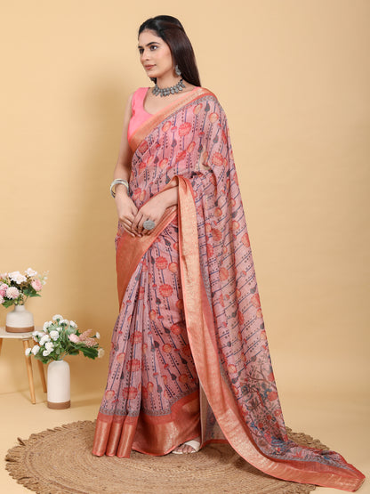 Dusty Rose Floral Linen Cotton Saree with Woven Border for Women