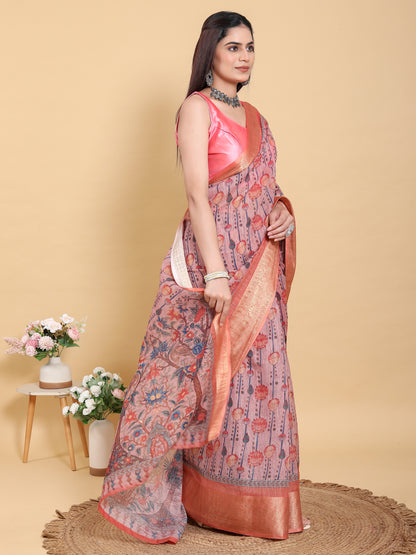 Dusty Rose Floral Linen Cotton Saree with Woven Border for Women