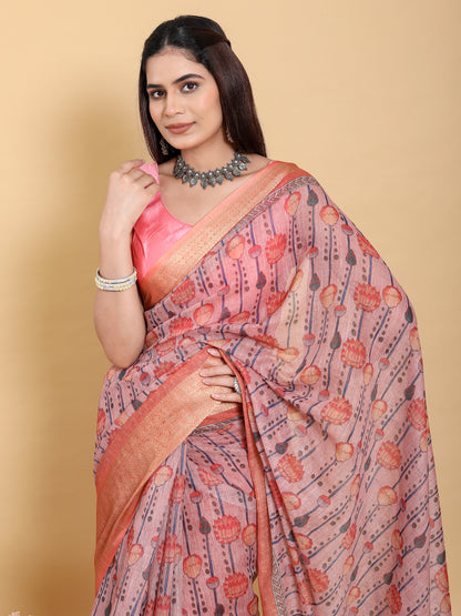 Dusty Rose Floral Linen Cotton Saree with Woven Border for Women