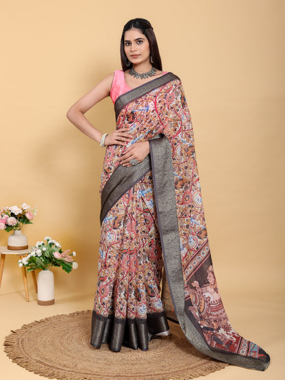 Cream Kalamkari Print Linen Cotton Saree Grey Border for Women