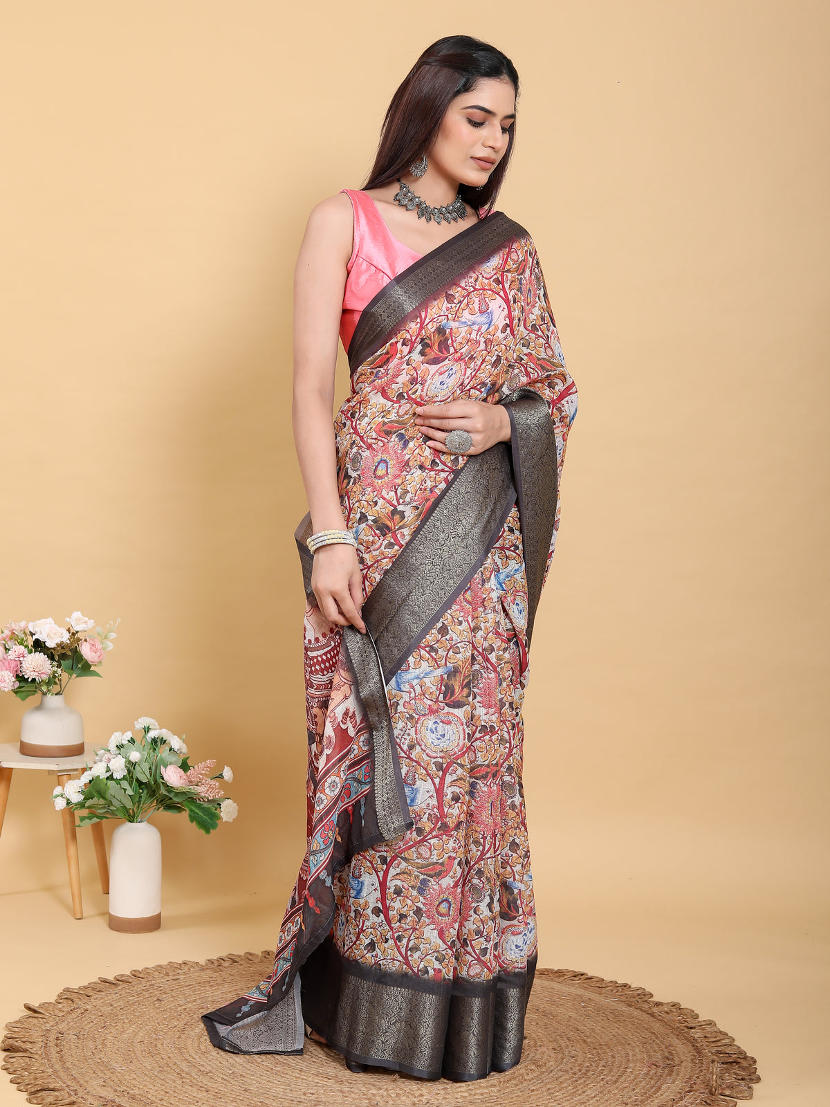 Cream Kalamkari Print Linen Cotton Saree Grey Border for Women