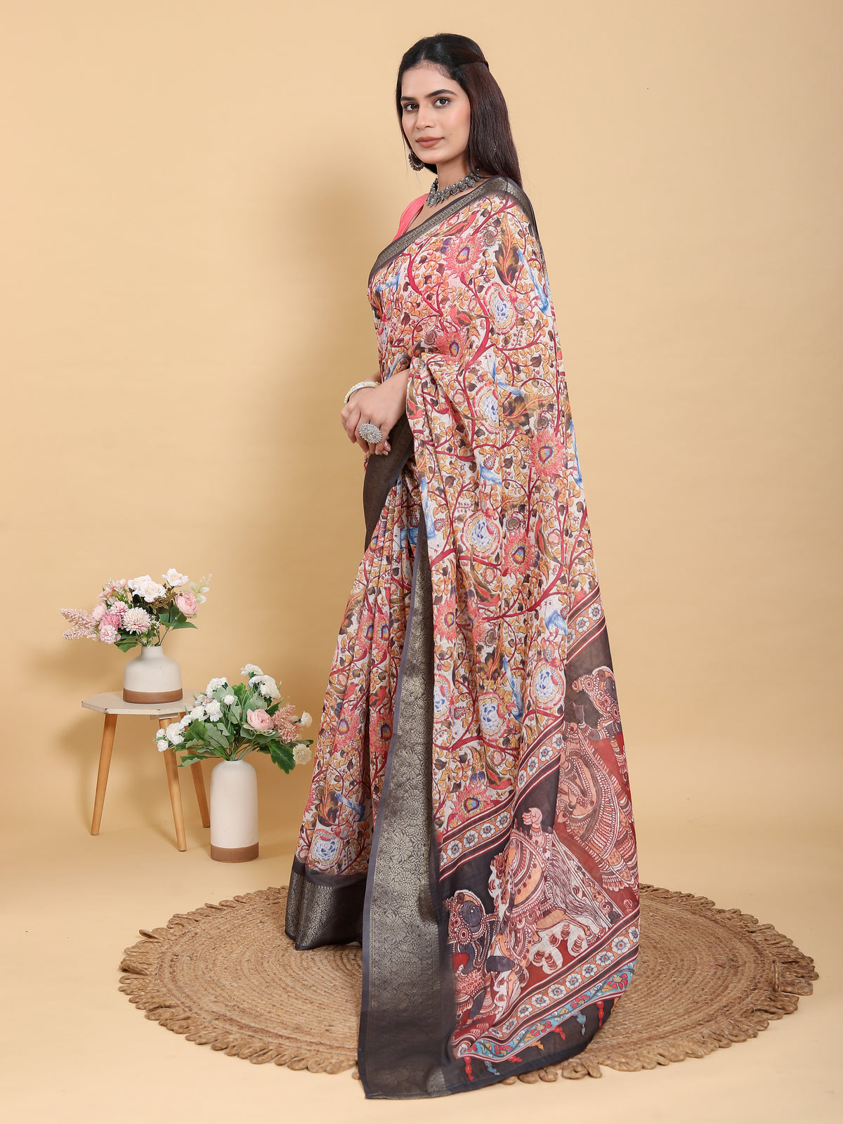 Cream Kalamkari Print Linen Cotton Saree Grey Border for Women