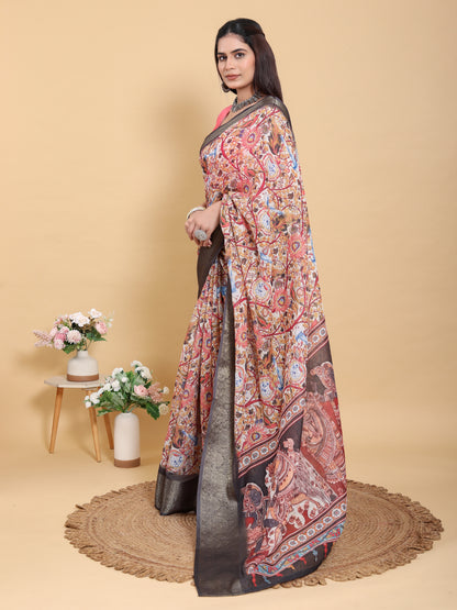 Cream Kalamkari Print Linen Cotton Saree Grey Border for Women