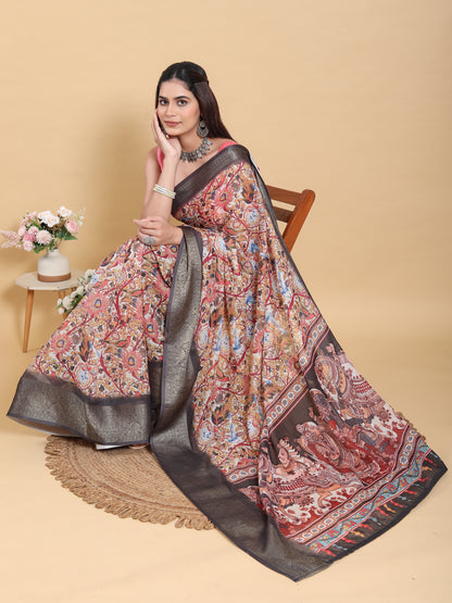 Cream Kalamkari Print Linen Cotton Saree Grey Border for Women