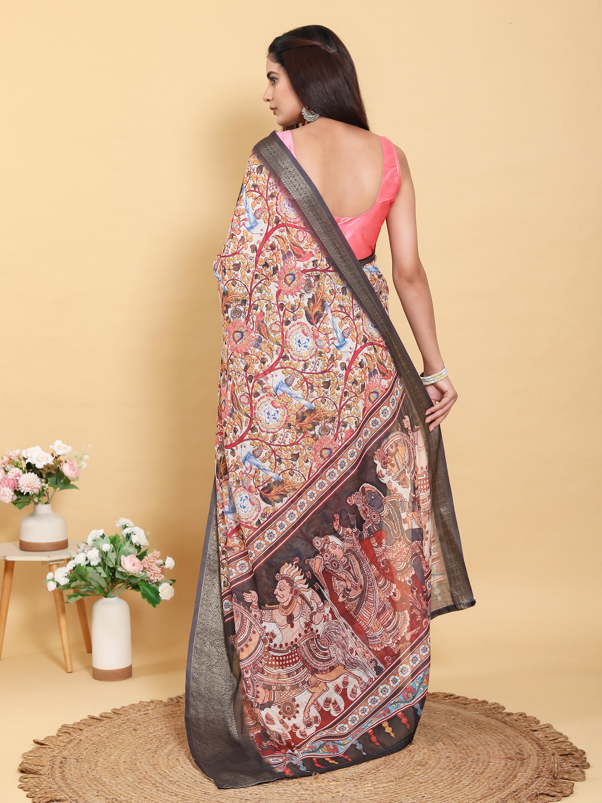 Cream Kalamkari Print Linen Cotton Saree Grey Border for Women