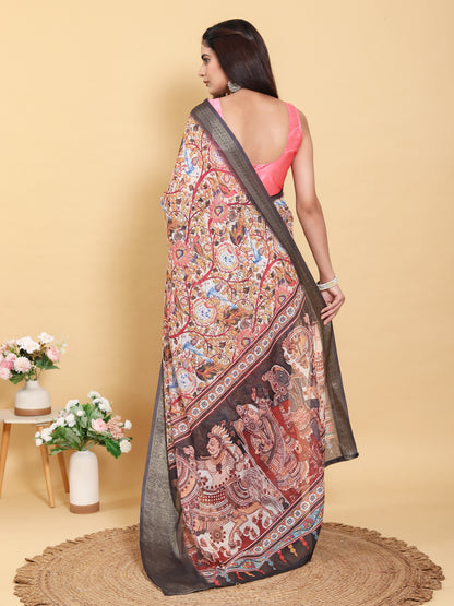 Cream Kalamkari Print Linen Cotton Saree Grey Border for Women