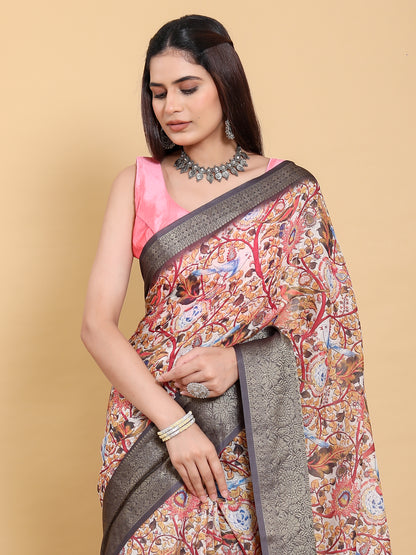 Cream Kalamkari Print Linen Cotton Saree Grey Border for Women
