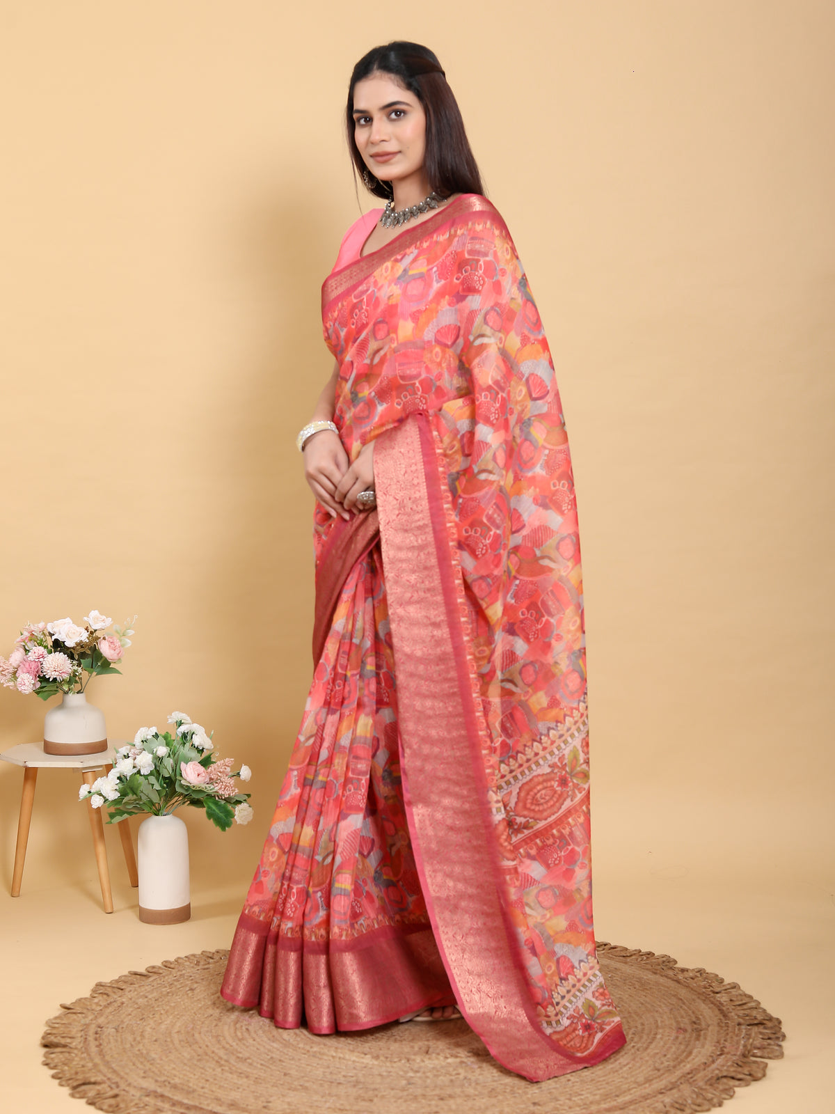 Coral Floral Print Linen Cotton Saree with Woven Border for Women