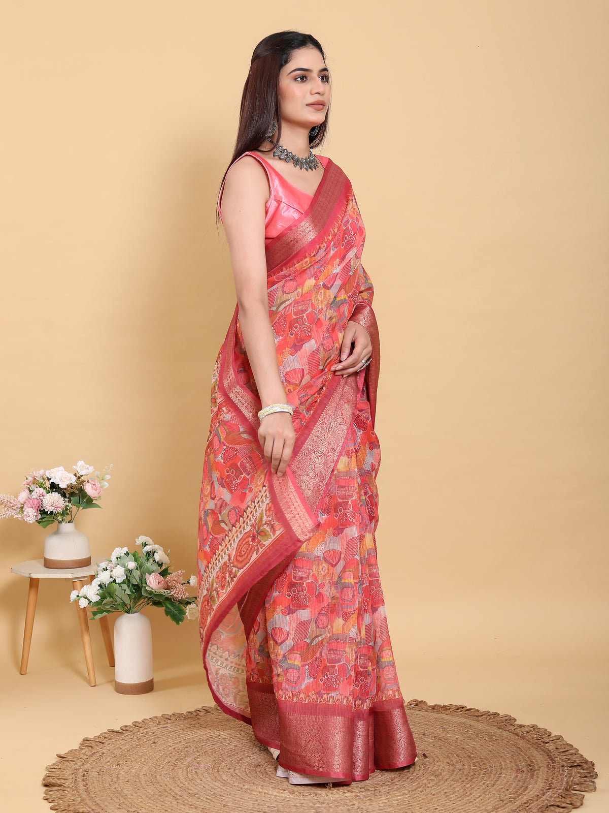 Coral Floral Print Linen Cotton Saree with Woven Border for Women