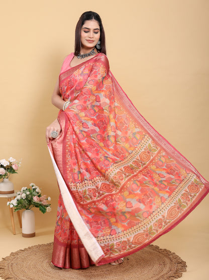 Coral Floral Print Linen Cotton Saree with Woven Border for Women