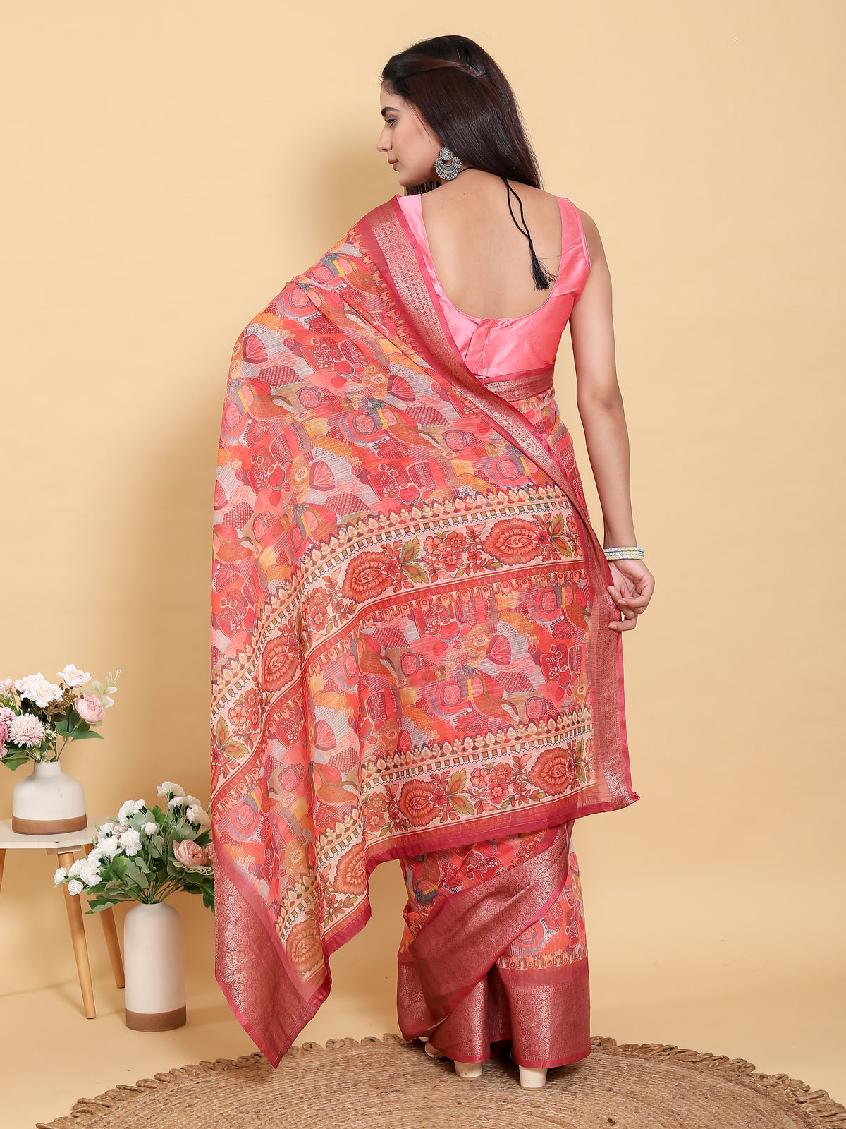 Coral Floral Print Linen Cotton Saree with Woven Border for Women