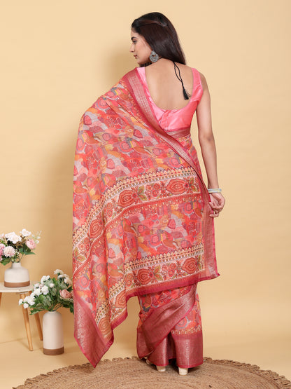 Coral Floral Print Linen Cotton Saree with Woven Border for Women