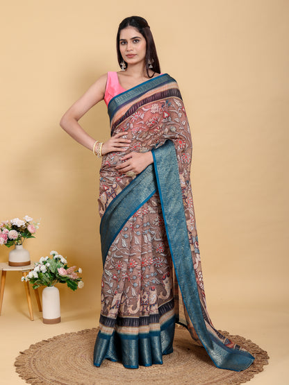 Brown Floral Print Linen Cotton Saree with Woven Border for Women