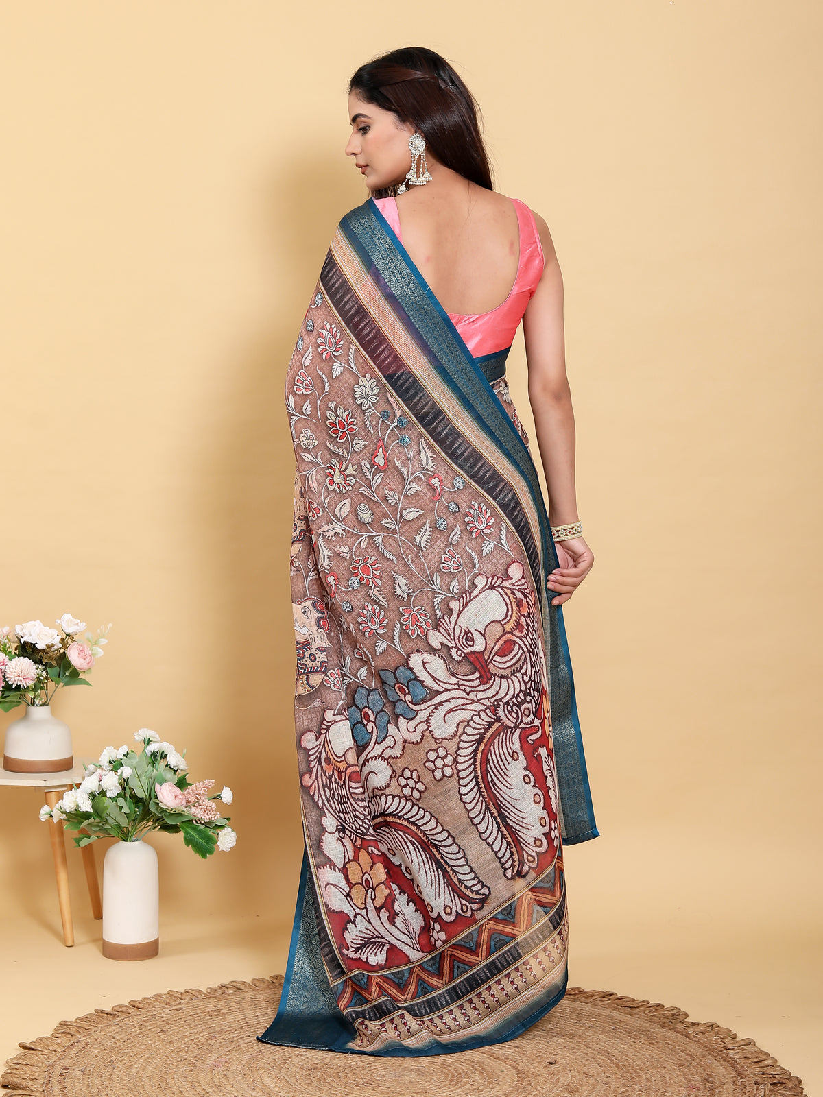 Brown Floral Print Linen Cotton Saree with Woven Border for Women