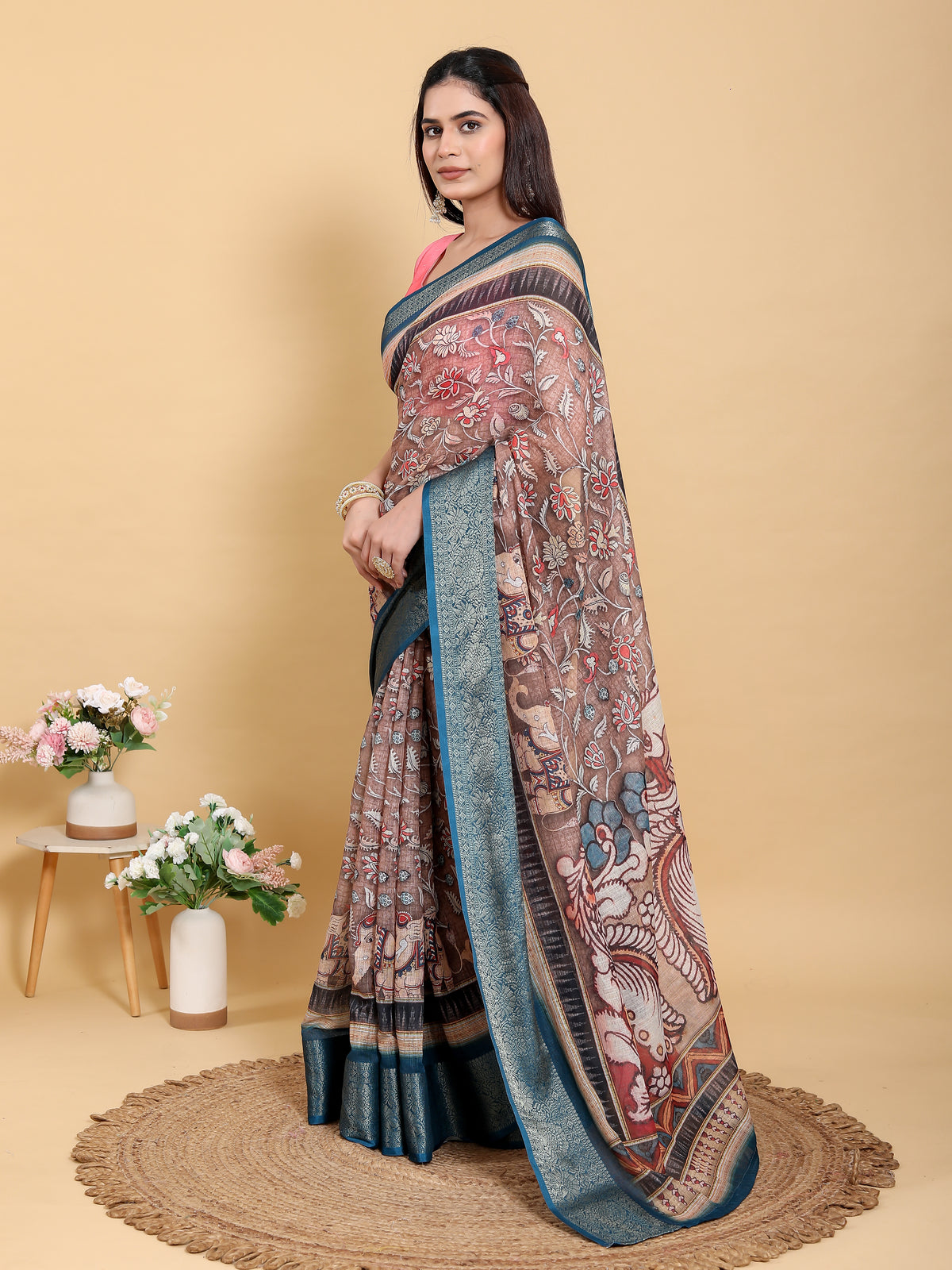 Brown Floral Print Linen Cotton Saree with Woven Border for Women