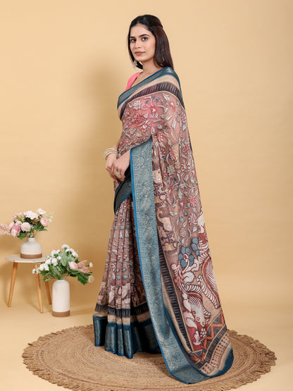 Brown Floral Print Linen Cotton Saree with Woven Border for Women