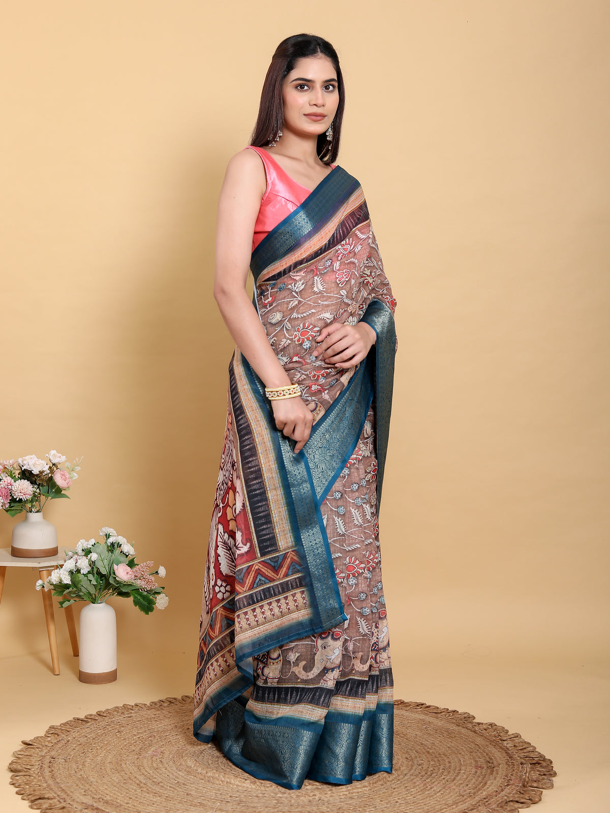 Brown Floral Print Linen Cotton Saree with Woven Border for Women