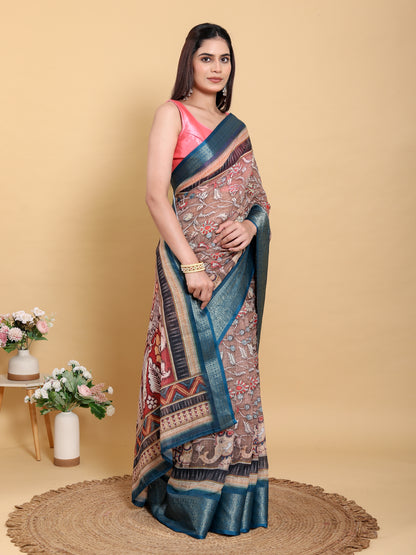 Brown Floral Print Linen Cotton Saree with Woven Border for Women