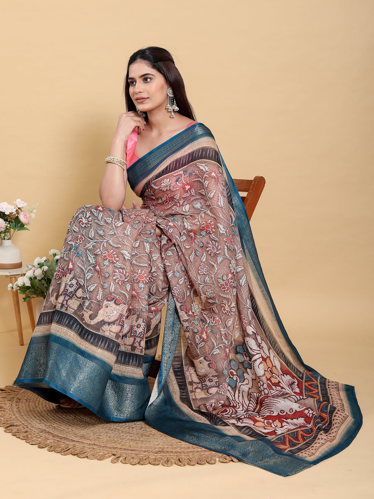 Brown Floral Print Linen Cotton Saree with Woven Border for Women