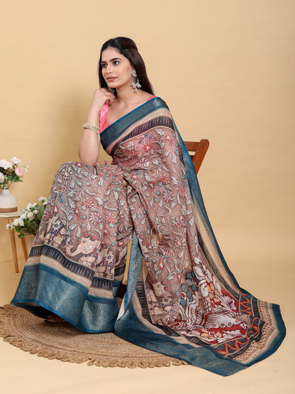 Brown Floral Print Linen Cotton Saree with Woven Border for Women