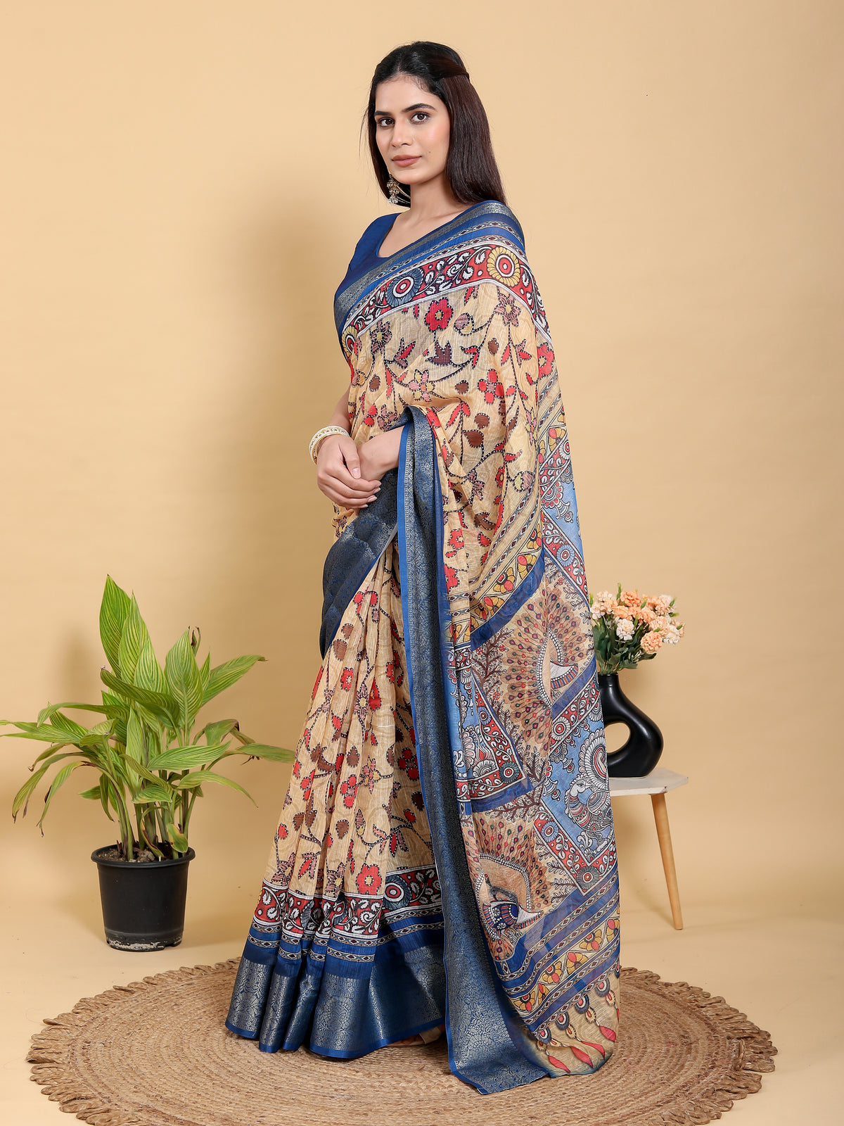 Beige Linen Cotton Saree with Folk Floral Prints by for Women