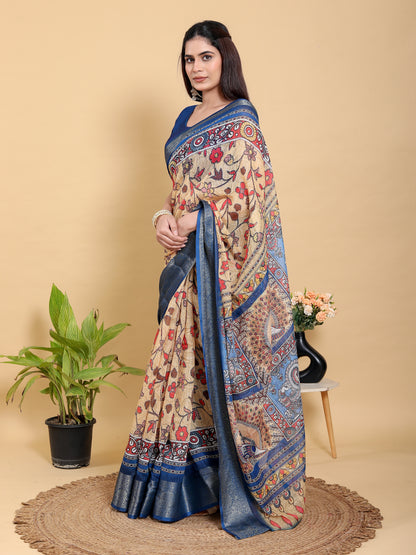 Beige Linen Cotton Saree with Folk Floral Prints by for Women