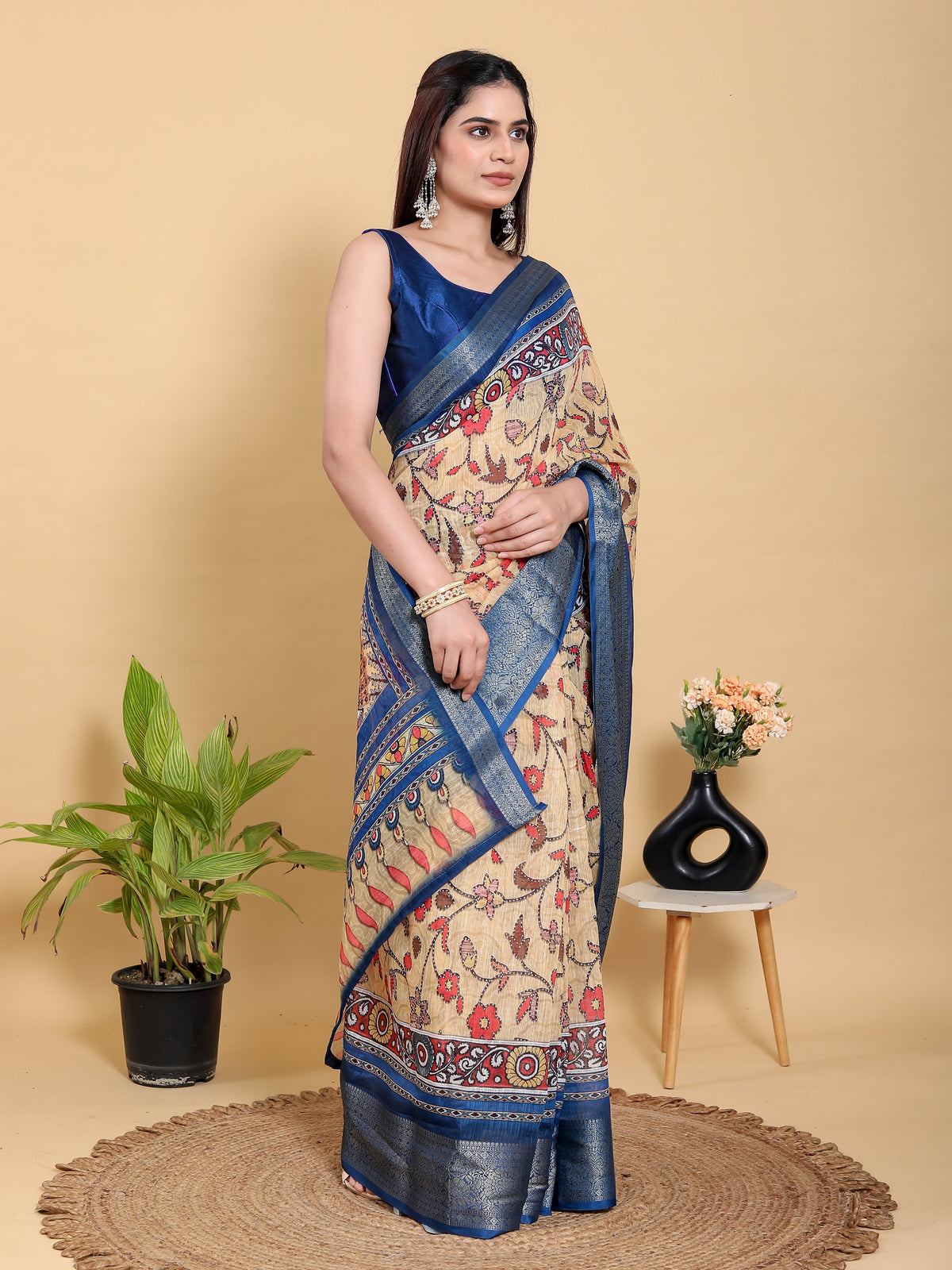 Beige Linen Cotton Saree with Folk Floral Prints by for Women