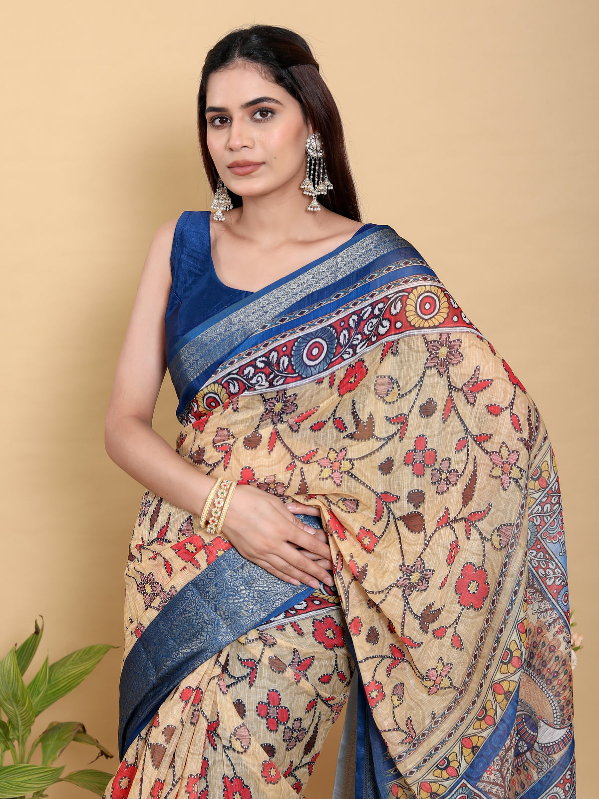 Beige Linen Cotton Saree with Folk Floral Prints by for Women