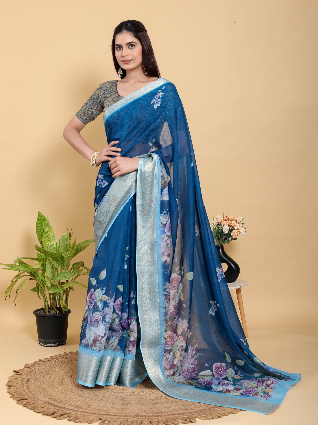 Deep Blue Floral Print Linen Cotton Saree with Woven Border for Women