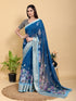 Deep Blue Floral Print Linen Cotton Saree with Woven Border for Women
