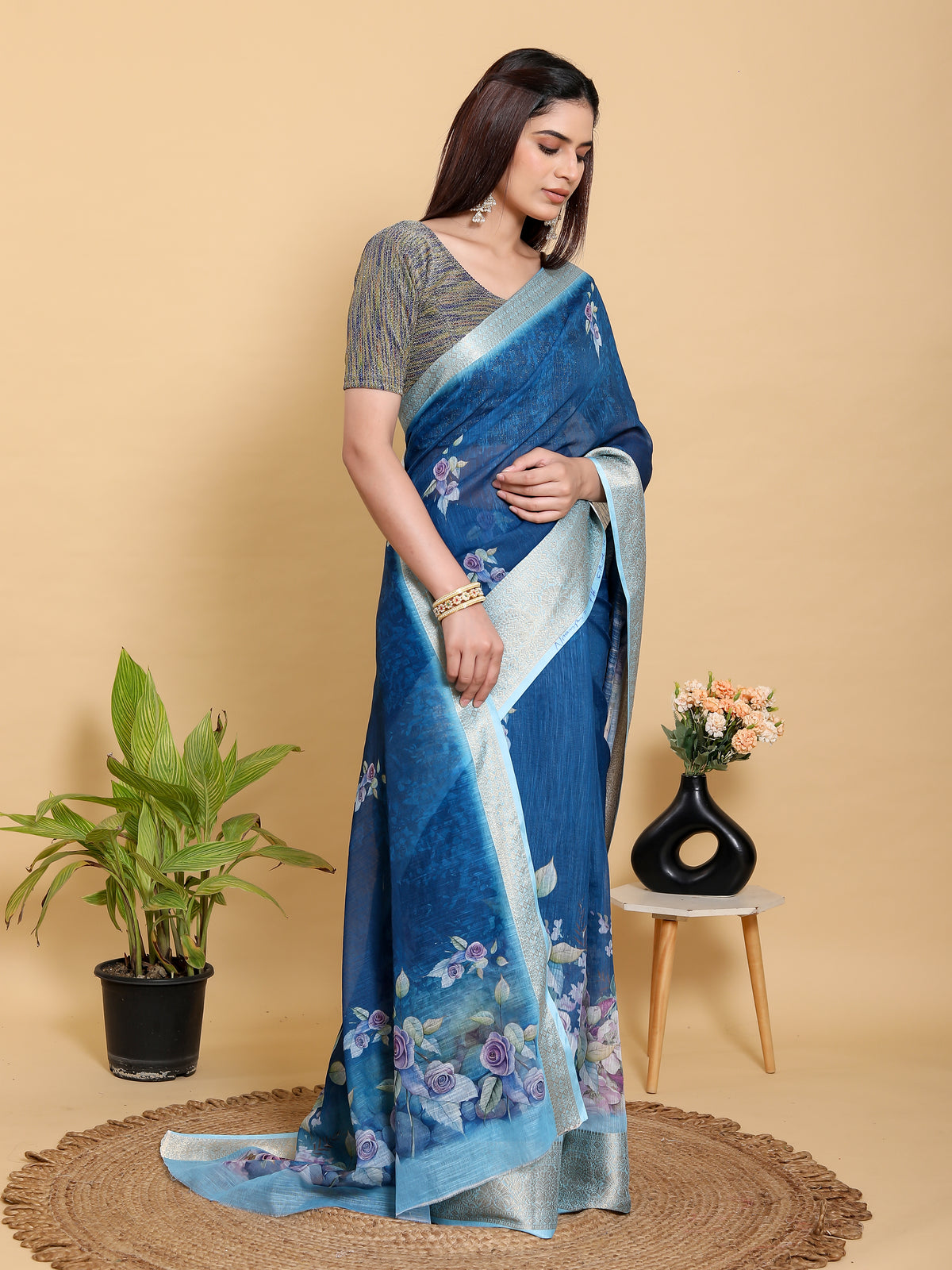 Deep Blue Floral Print Linen Cotton Saree with Woven Border for Women