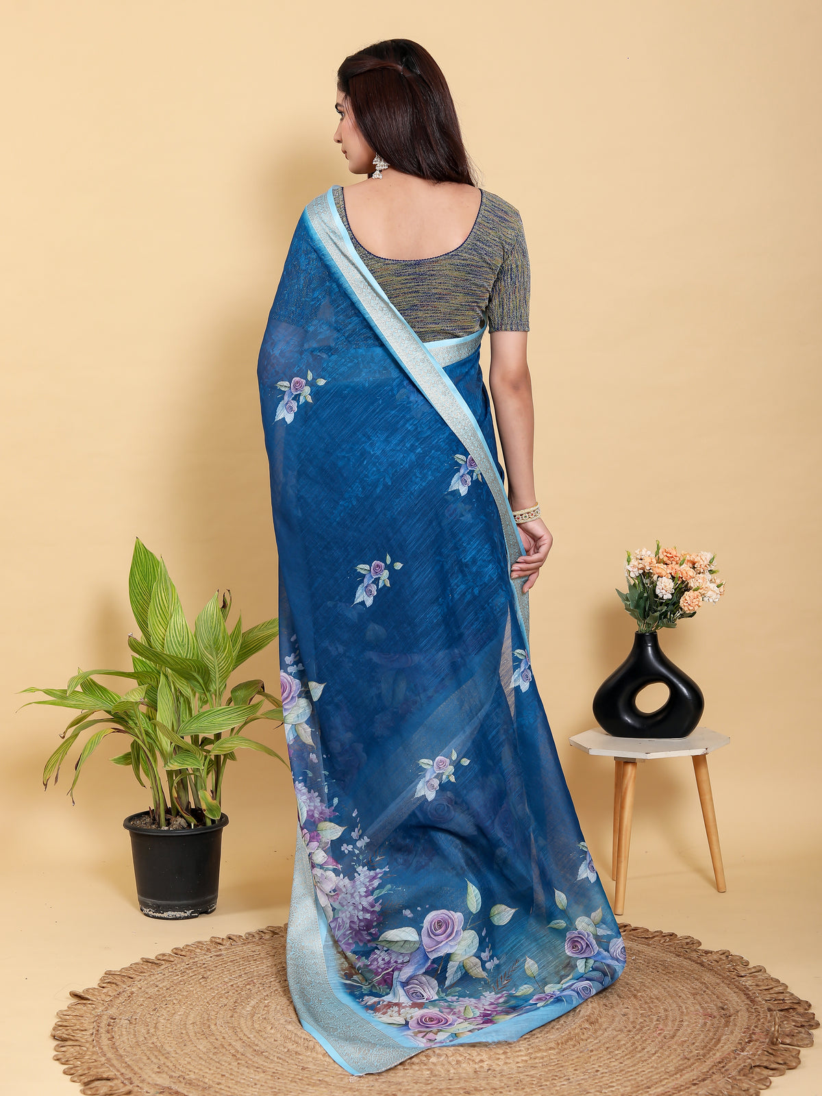 Deep Blue Floral Print Linen Cotton Saree with Woven Border for Women