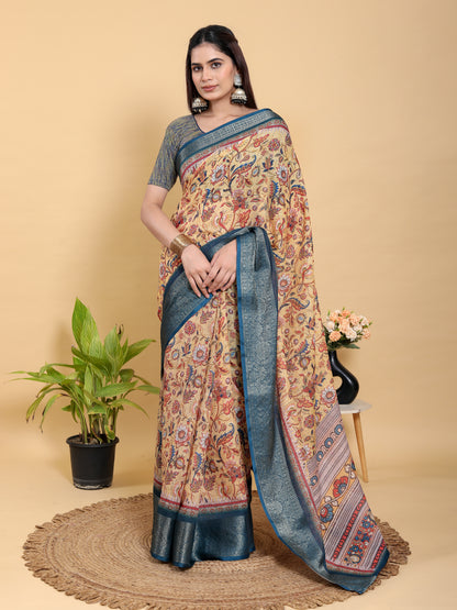 Beige Floral Printed Linen Cotton Saree with Blue Border for Women