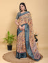 Beige Floral Printed Linen Cotton Saree with Blue Border for Women