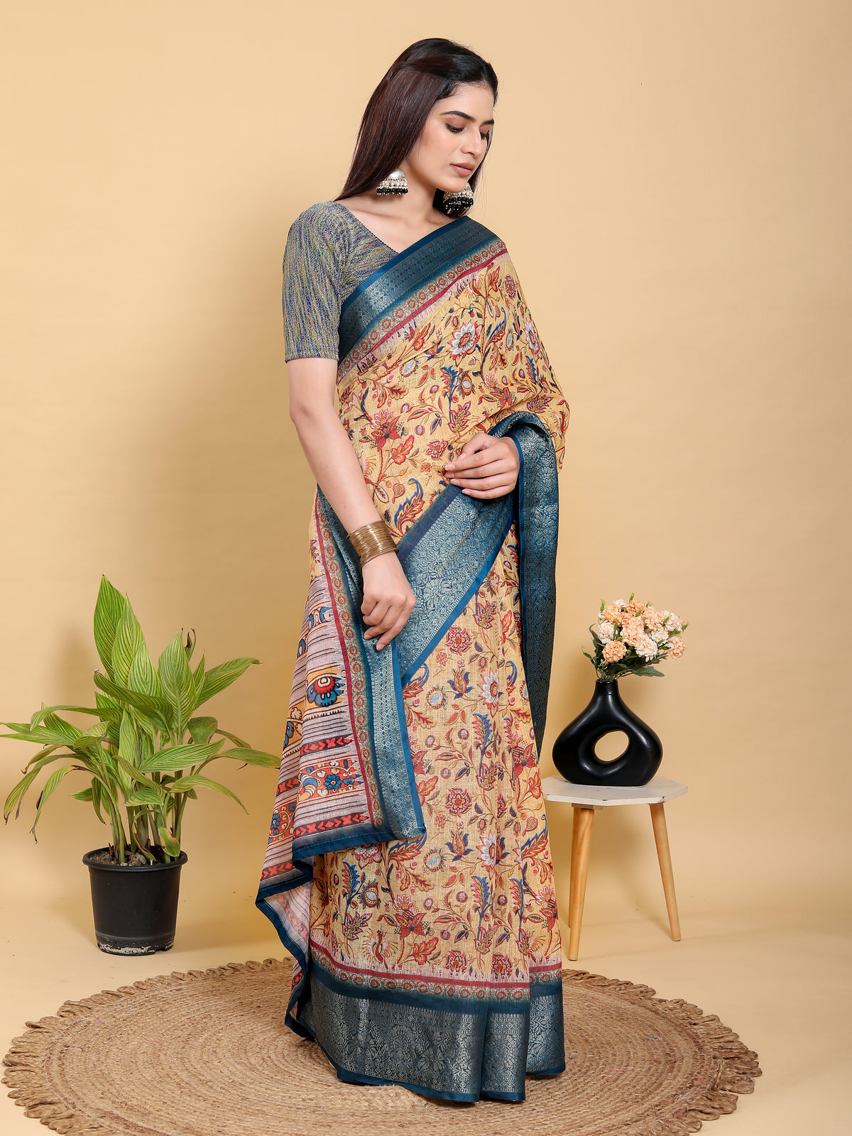 Beige Floral Printed Linen Cotton Saree with Blue Border for Women