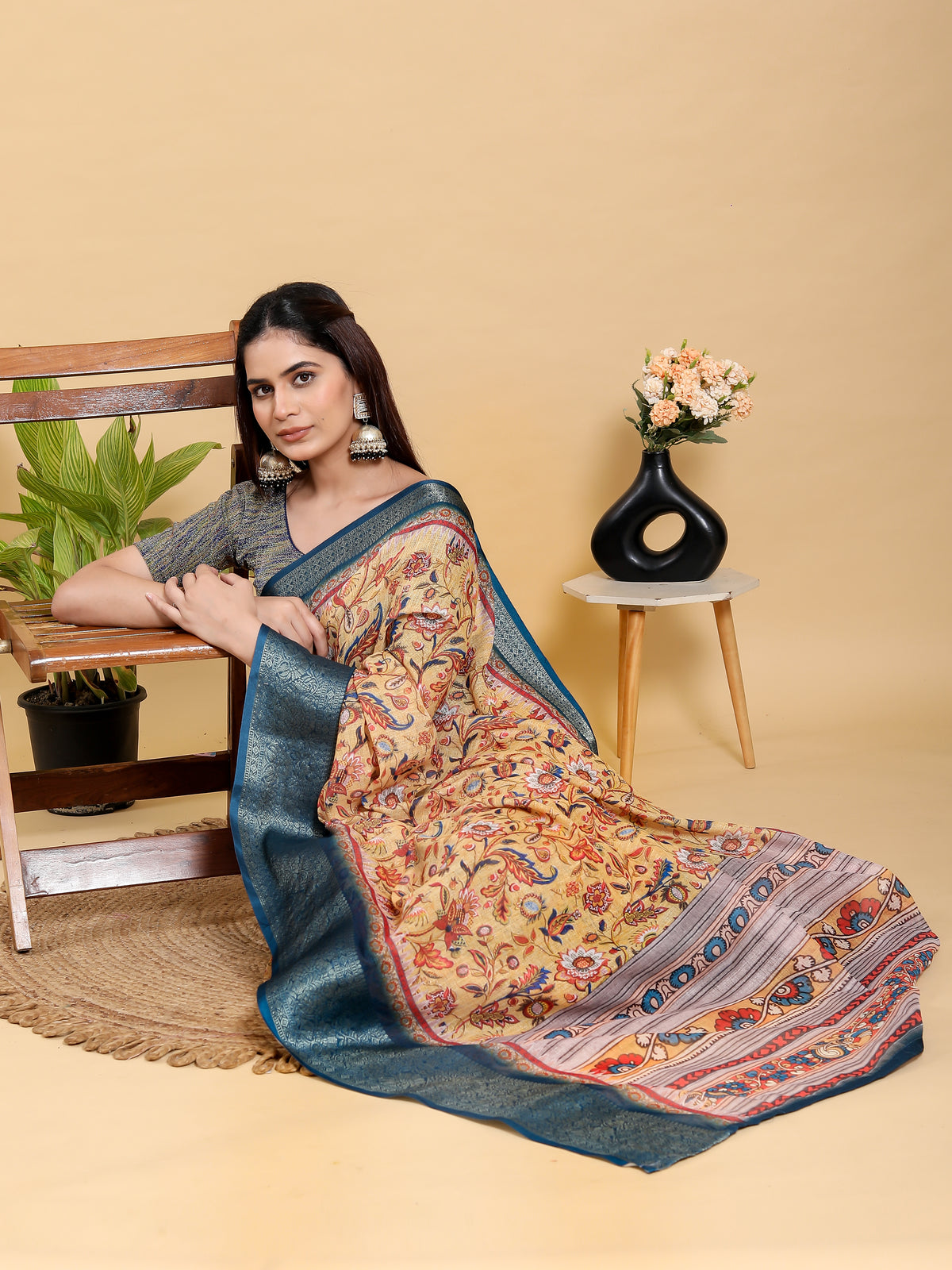 Beige Floral Printed Linen Cotton Saree with Blue Border for Women