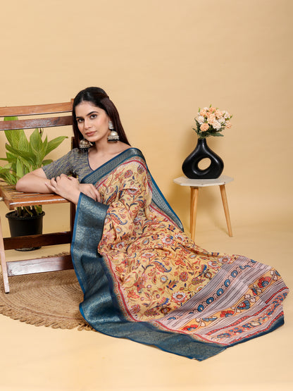 Beige Floral Printed Linen Cotton Saree with Blue Border for Women